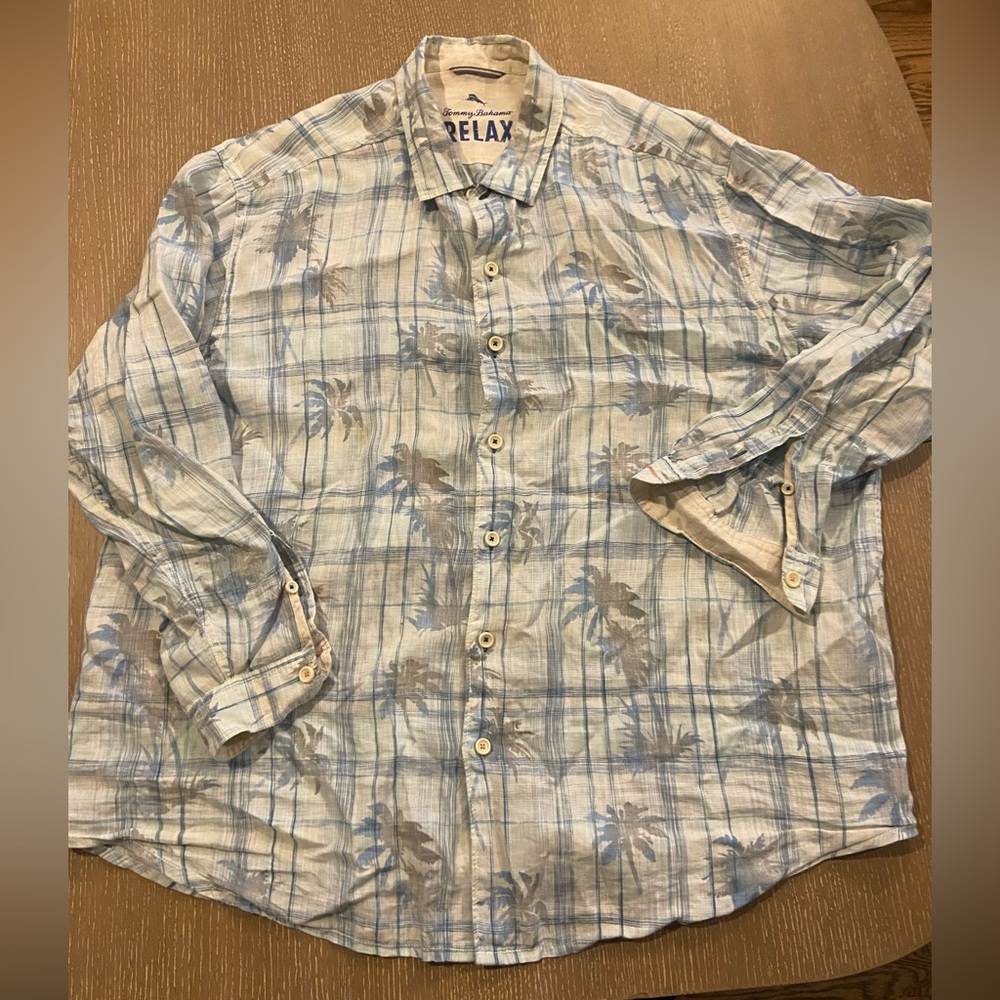 Tommy Bahama Men's Relax 100% Linen Button Down  Size XXL Blue Long Sleeve Print